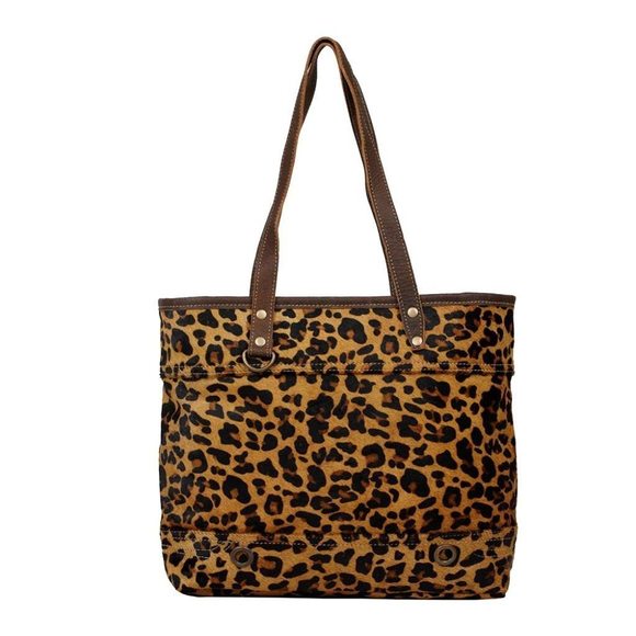 Myra Leopard Clinch Upcycled Leather & Hairon Tote Bag S-2612 :[ - Picture 1 of 5